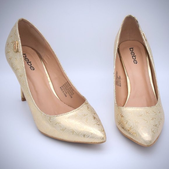 Bebe Saydee Logo Pumps Heels 7.5 Gold Vegan Pointy Toe Shoes Stiletto Classic - Picture 4 of 10